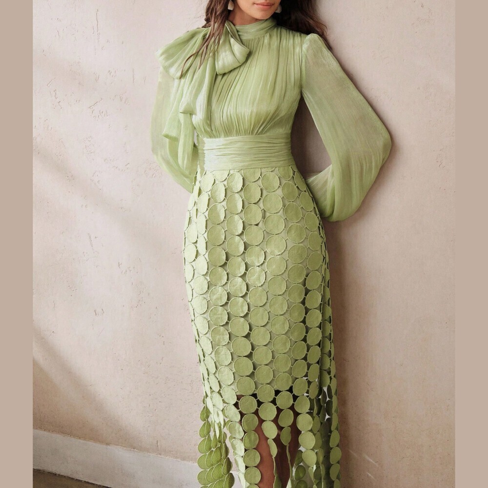 Sage Green Circle Lace Tie Neck Bishop Sleeve Sheer Long Dress